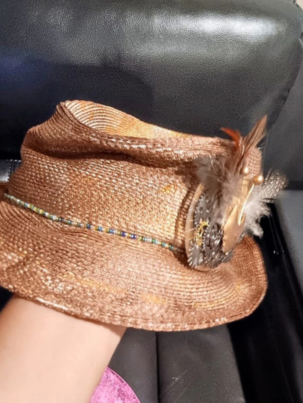 Steampunk Designed Feather Embellished Brown Hat